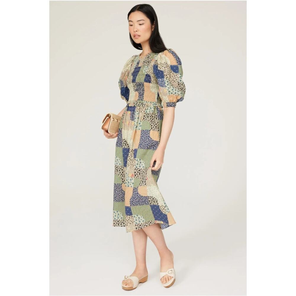 Sea New York Louie Patchwork Midi Dress Green Blue Smocked Puff Sleeve